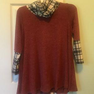 Long red sweater with built in scarf type thing